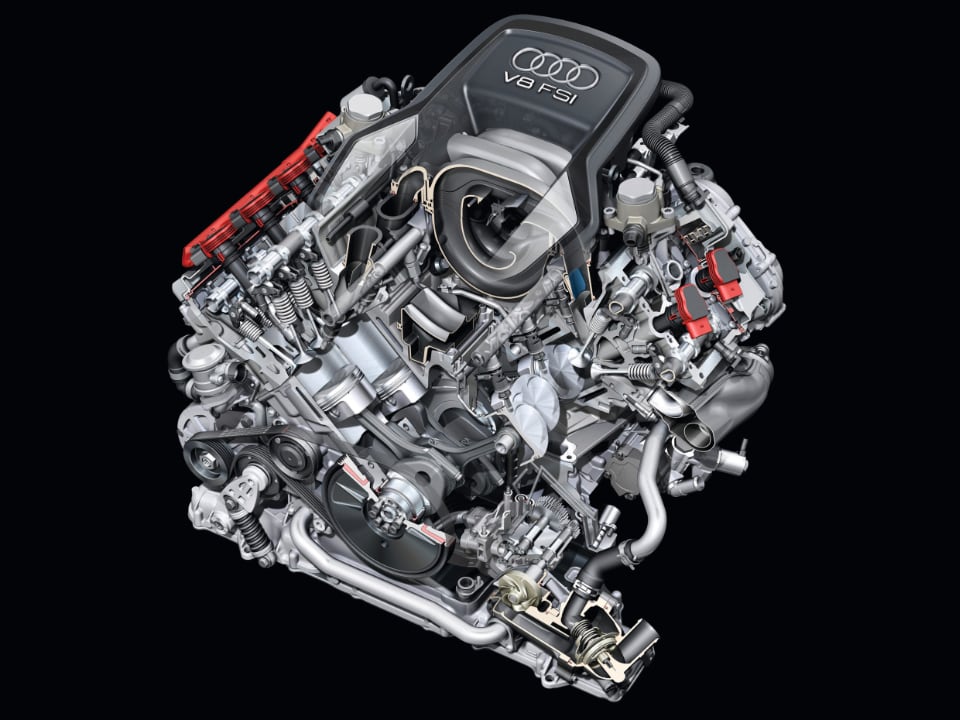 요즘 자동차 엔진은 수랭식 냉각계통을 갖춘 수랭식 엔진이다. 사진은 아우디 V8 4.2L 엔진
