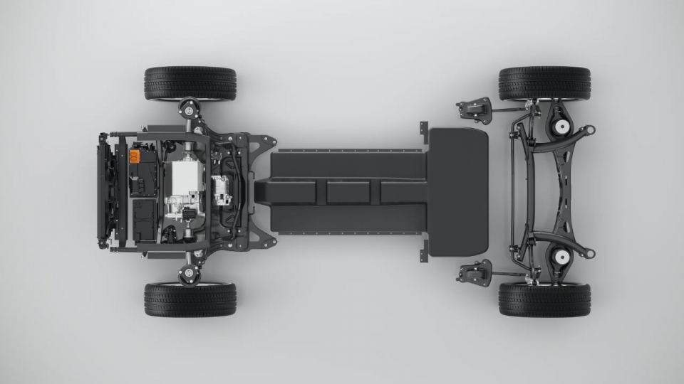 볼보가 CMA 플랫폼을 바탕으로 연구한 전기차 배터리 배치. 전기차 전용 플랫폼의 배터리보다 크기가 작다