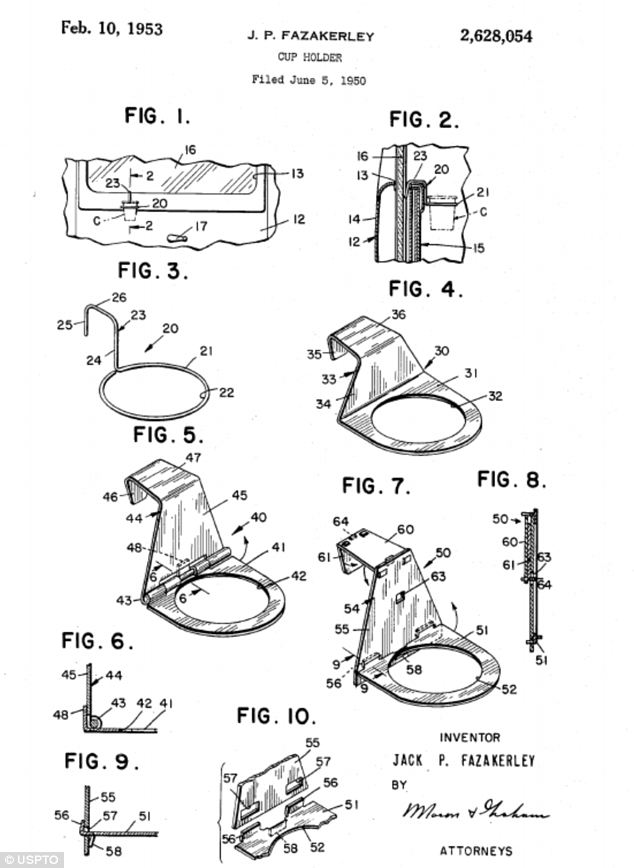 1950년 잭 파자커리(Jack Fazakerley)의 컵 홀더 특허 개념