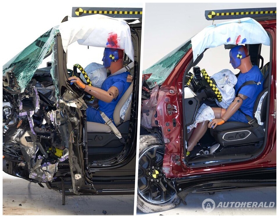 미국 IIHS 운전석 충돌 테스트 후 운전석 모습이다. 사진 왼쪽이 포드 익스페디션, 오른쪽이 지프 웨고니어다.