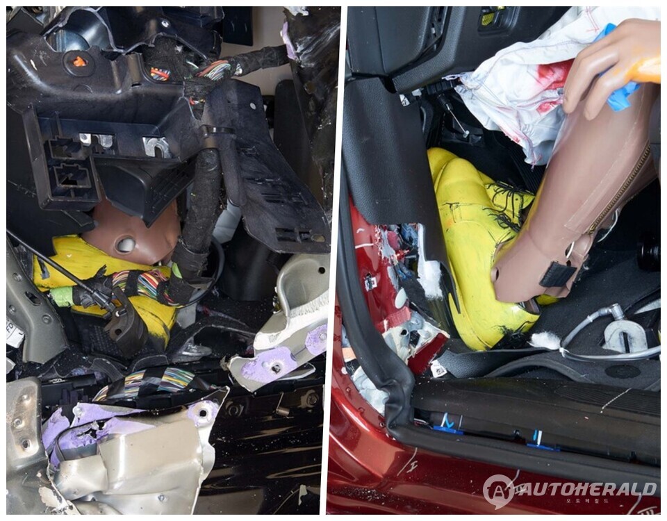 사진 왼쪽이 포드 익스페디션, 오른쪽이 지프 웨고니어의 운전석 충돌 테스트 후 모습이다.