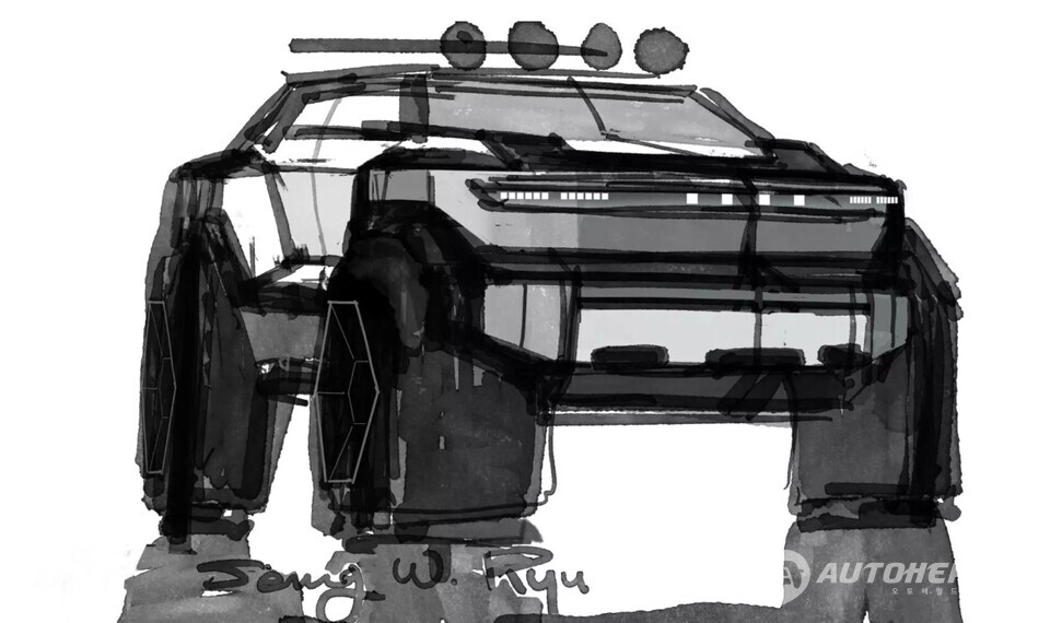 콘셉트카는 짧은 오버행, 볼륨감을 강조한 휀더, 각진 실루엣과 미래지향적 픽셀 라이트가 눈에 띈다(출처: 현대차)