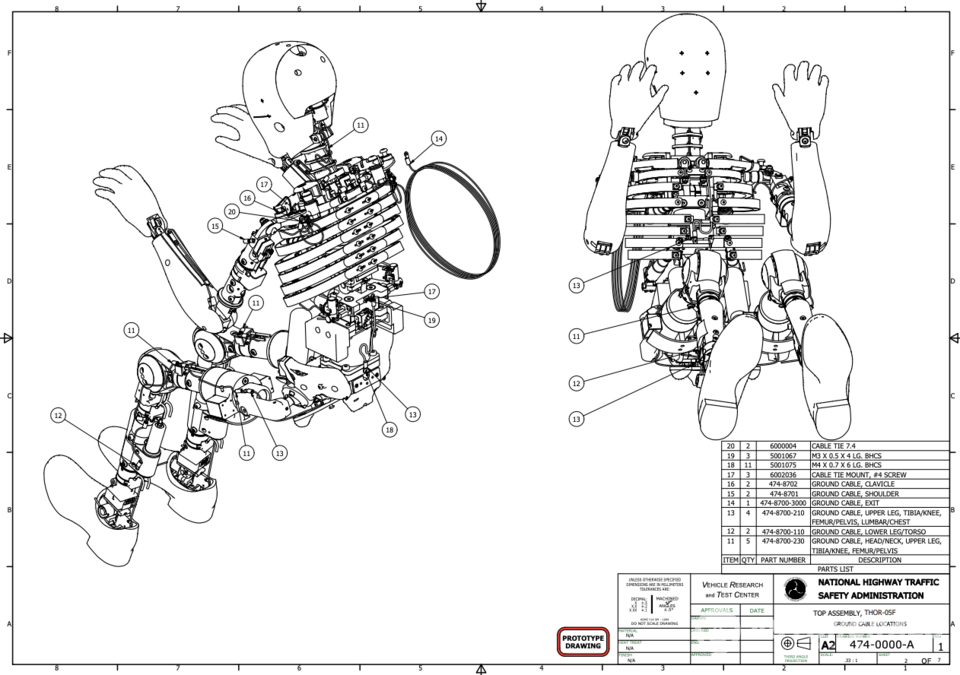 NHTSA(미국 도로교통안전국)가 공개한 차세대 여성형 충돌 테스트 더미 ‘THOR-05F’의 구조 도면.  기존 하이브리드 III 대비 센서 수가 세 배 이상 늘어나 여성의 신체 특성과 부상 패턴을 정밀하게 반영하도록 설계됐다. (출처:NHTSA)