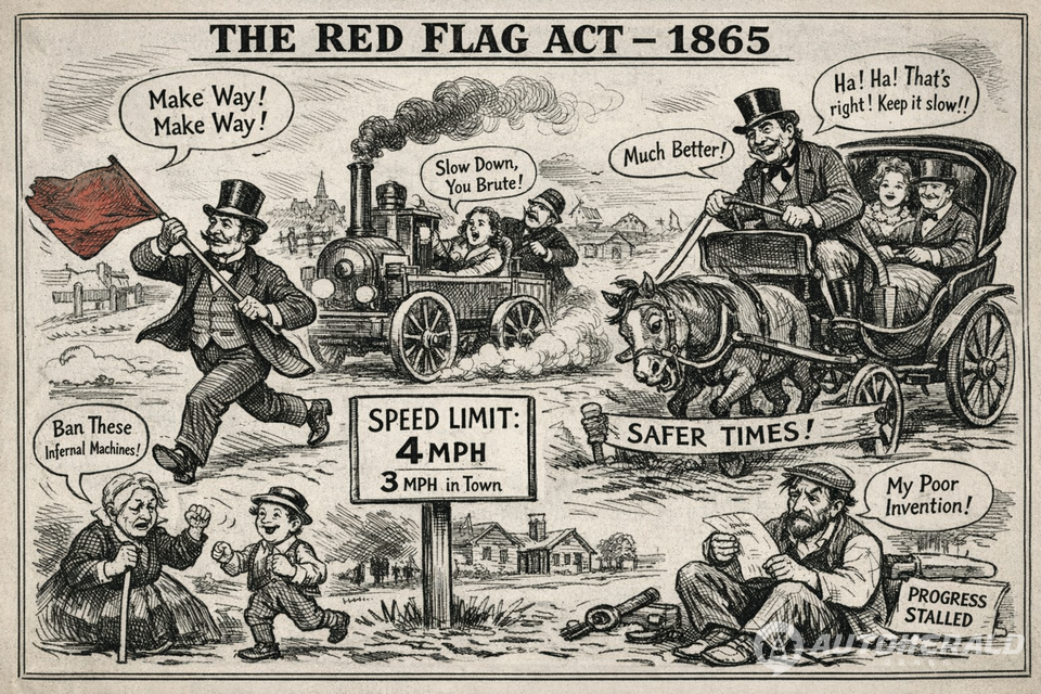 자동차 앞에서 사람이 붉은 깃발을 흔들며 걷도록 한 규제를 비꼰 당시 영국의 사회적 분위기를 표현했다. (기사의 이해를 돕기 위한 AI 생성 이미지)